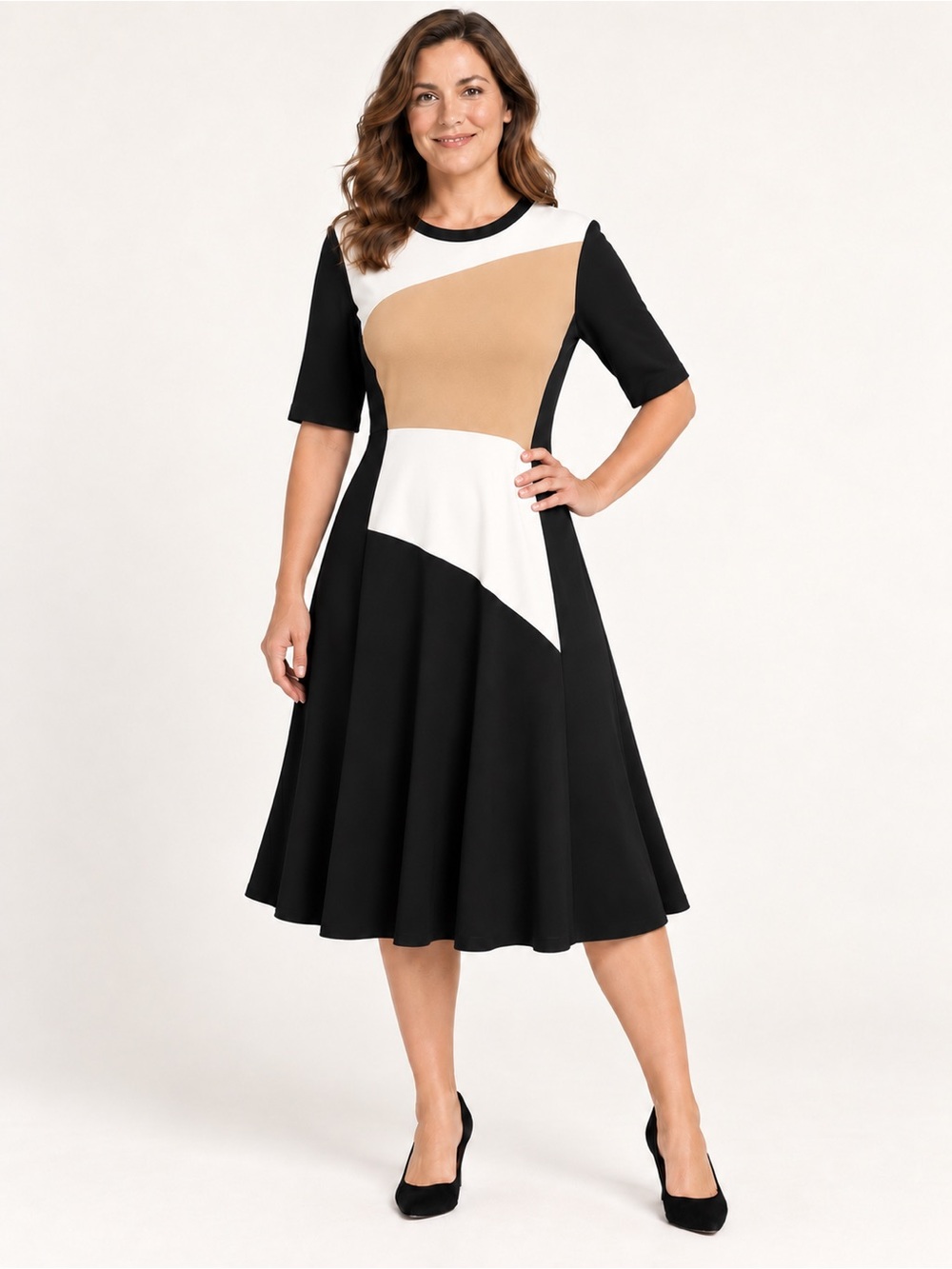 Sandra Darren PTP 21 Black, White & Tan Colorblock Midi Dres